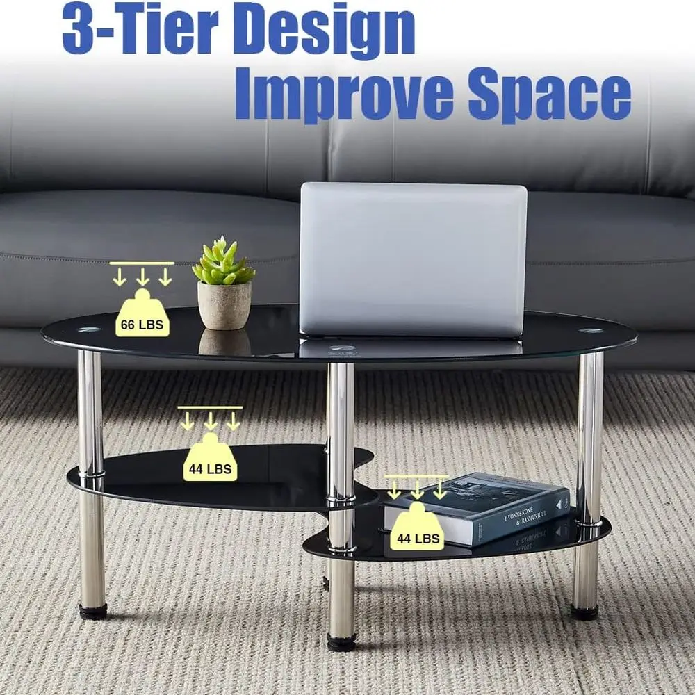 طاولة قهوة زجاجية بيضاوية معاصرة، طاولة جانبية لغرفة المعيشة باللون الأسود مكونة من 3 أرفف