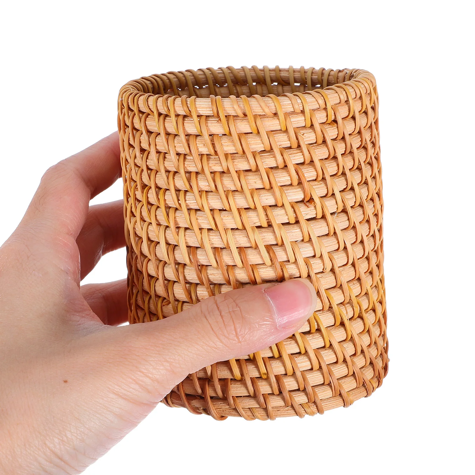 Aksesori Meja Tempat Pena Rotan Retro Cangkir Kuas Organizer Rias Estetika Tenunan Tangan