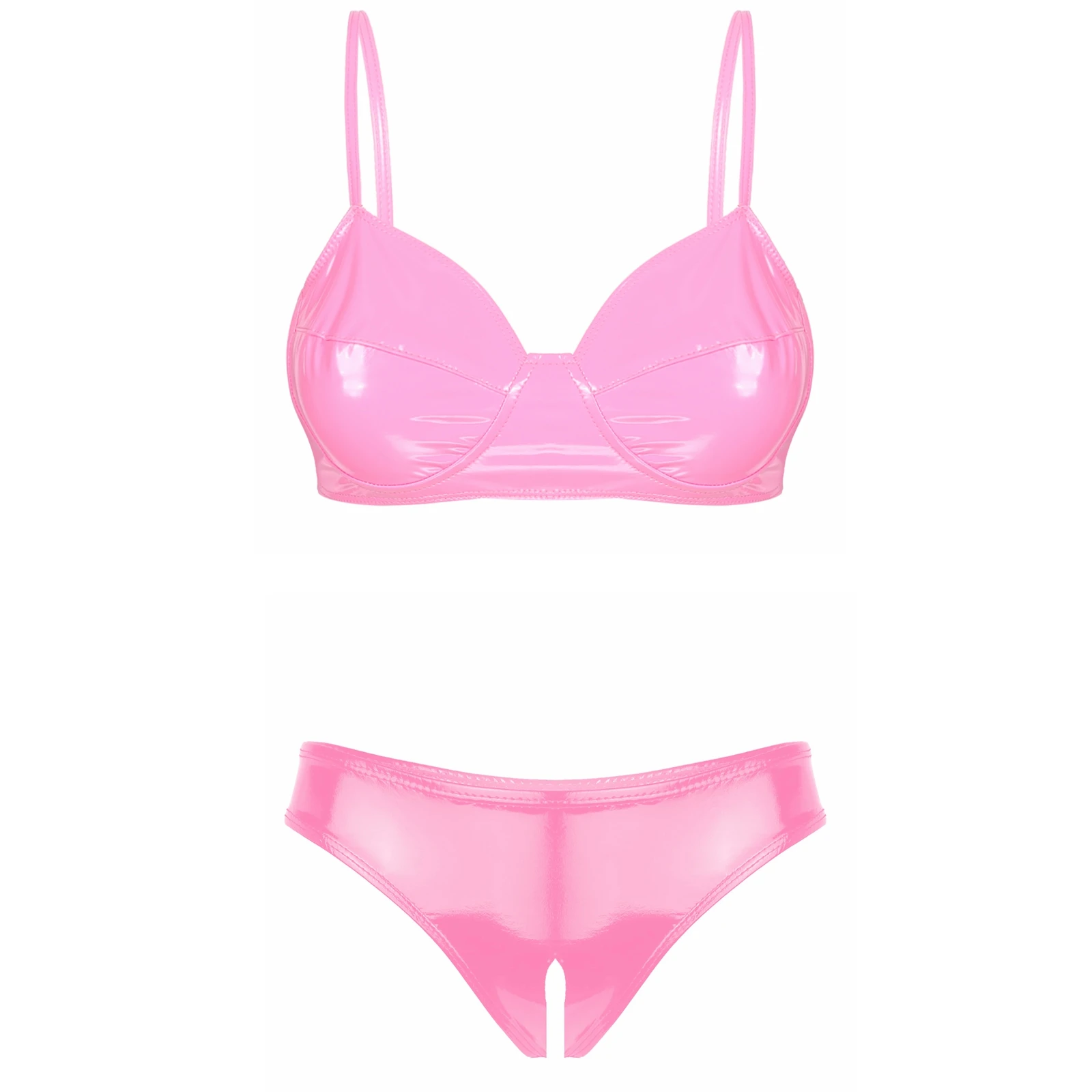 Conjuntos de Lingerie Sexy de Couro PVC para Mulheres, Olhar Molhado, Roupa Exótica, Sutiã com Cuecas Crotchless, Festa Boate, Traje de Dança Rave