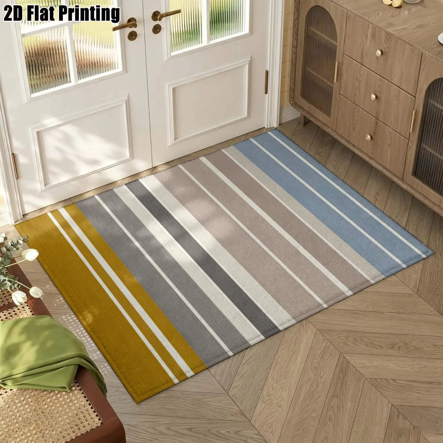 1Pc 2D Printed Morandi Color-Block Striped Nordic Minimalist Carpet, Multi-Size, Machine Washable, for Home Decor & Various Scenes