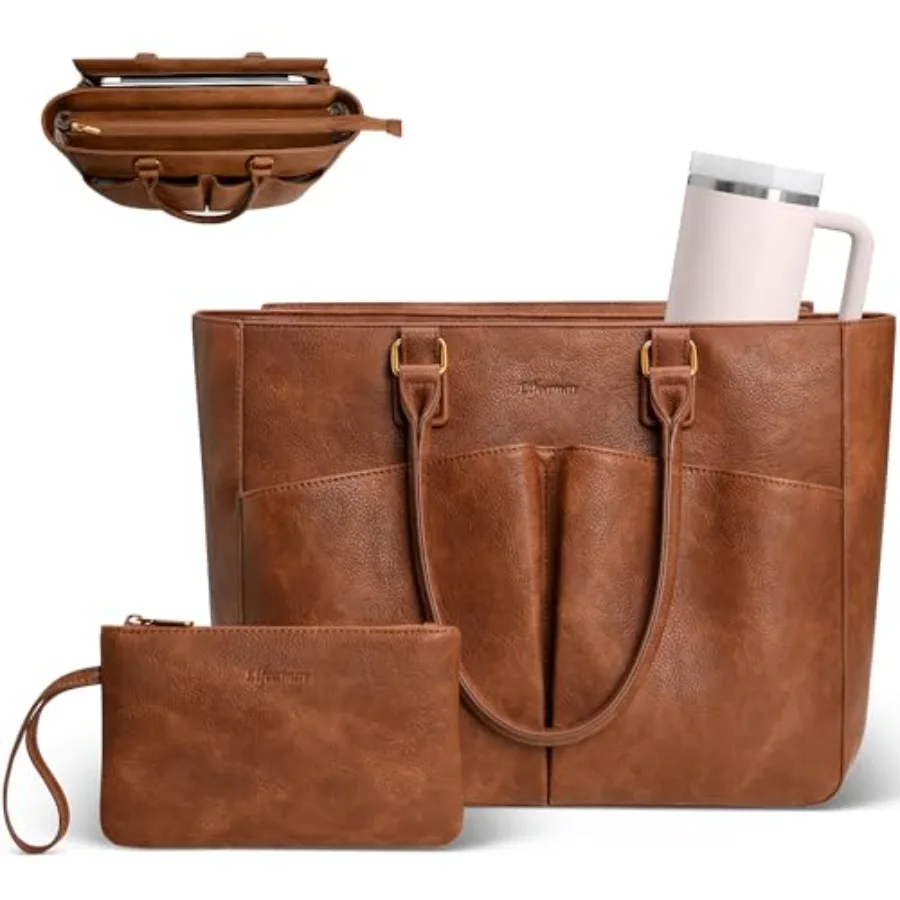 

Laptop Tote Bag for Women Leather Work Tote with Padded Laptop Compartment Cup Holder Office Computer Briefcase Structured Shap