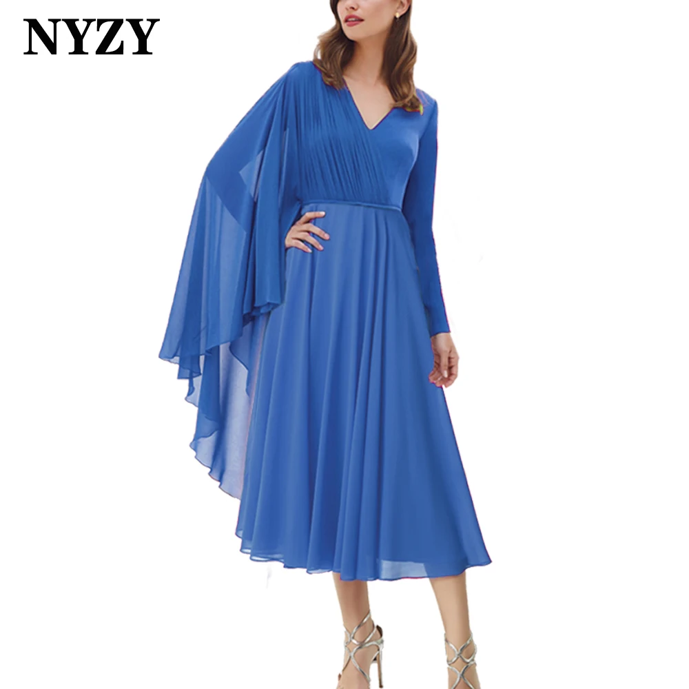 

M402A NYZY Chiffon V-Neck Cape Long Sleeves Short Evening Dresses 2023 Wedding Party Guest Wear