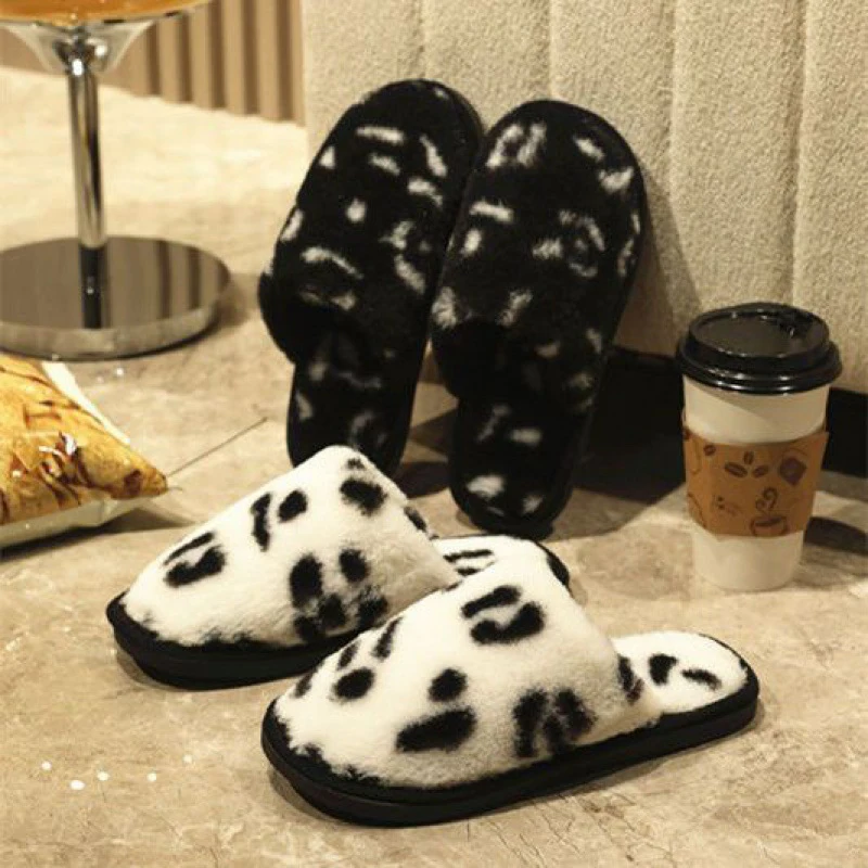 Cotton Cloth Round Toe Shoes Women's One-step Lazy Home Shoes Warm Flat Fur Cotton Shoes Leopard Print Slippers