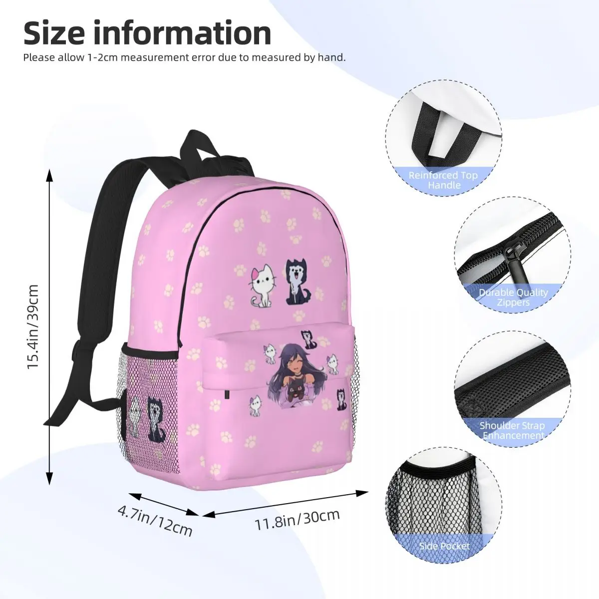 Aphmau-Paquete de pegatinas para mascotas, mochila para niñas y niños, gran capacidad, mochila para estudiantes, mochila impermeable ligera, 15 pulgadas