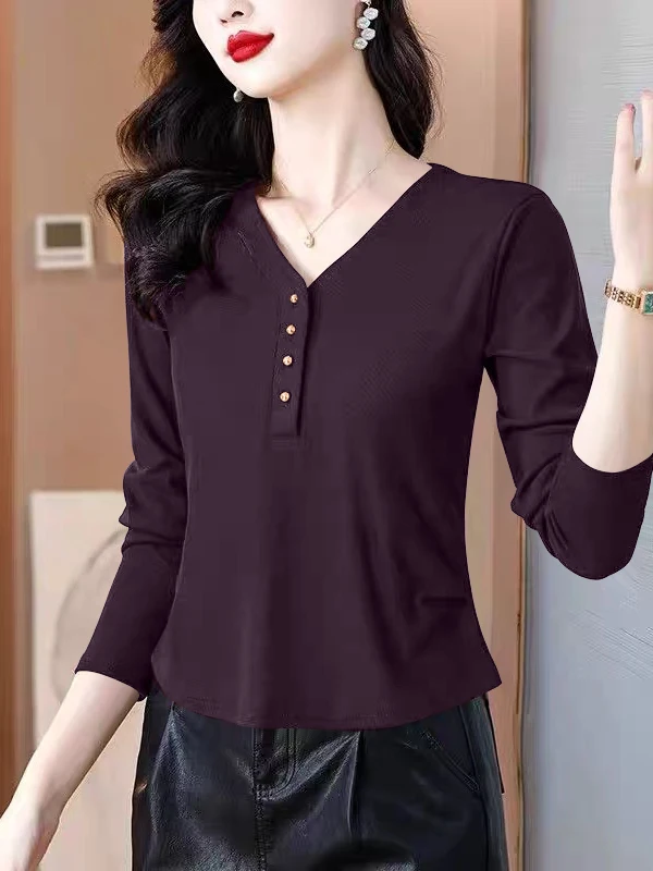 2025년 가을용 여성용 순면 슬림핏 허리 조임 기본 레이어 탑, 패셔너블한 플리츠 V넥 긴팔 티셔츠