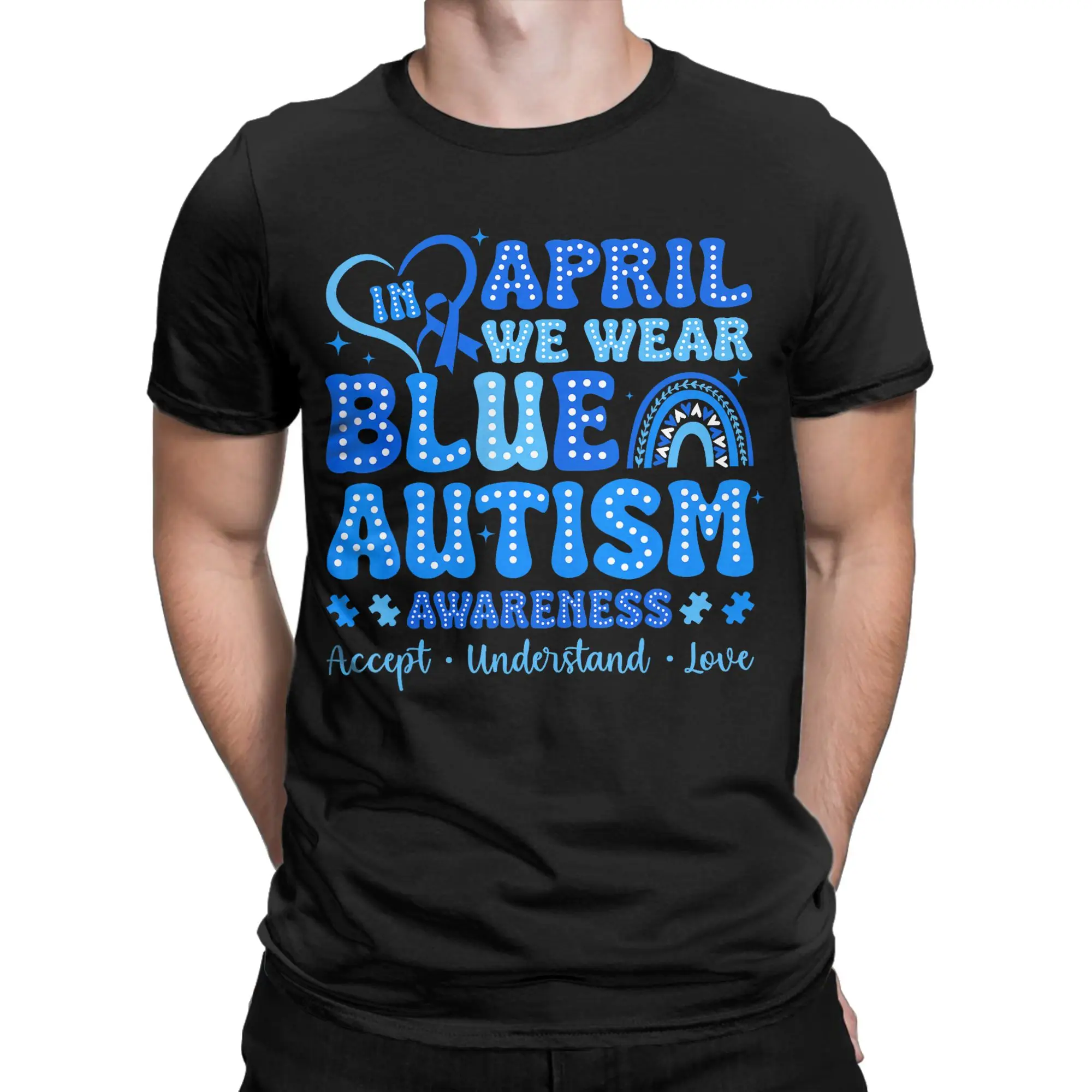 Men T-Shirt April We Wear Blue Autism Awareness Creative Cotton Tee Shirt Short Sleeve  T Shirt Round Collar Tops Classic