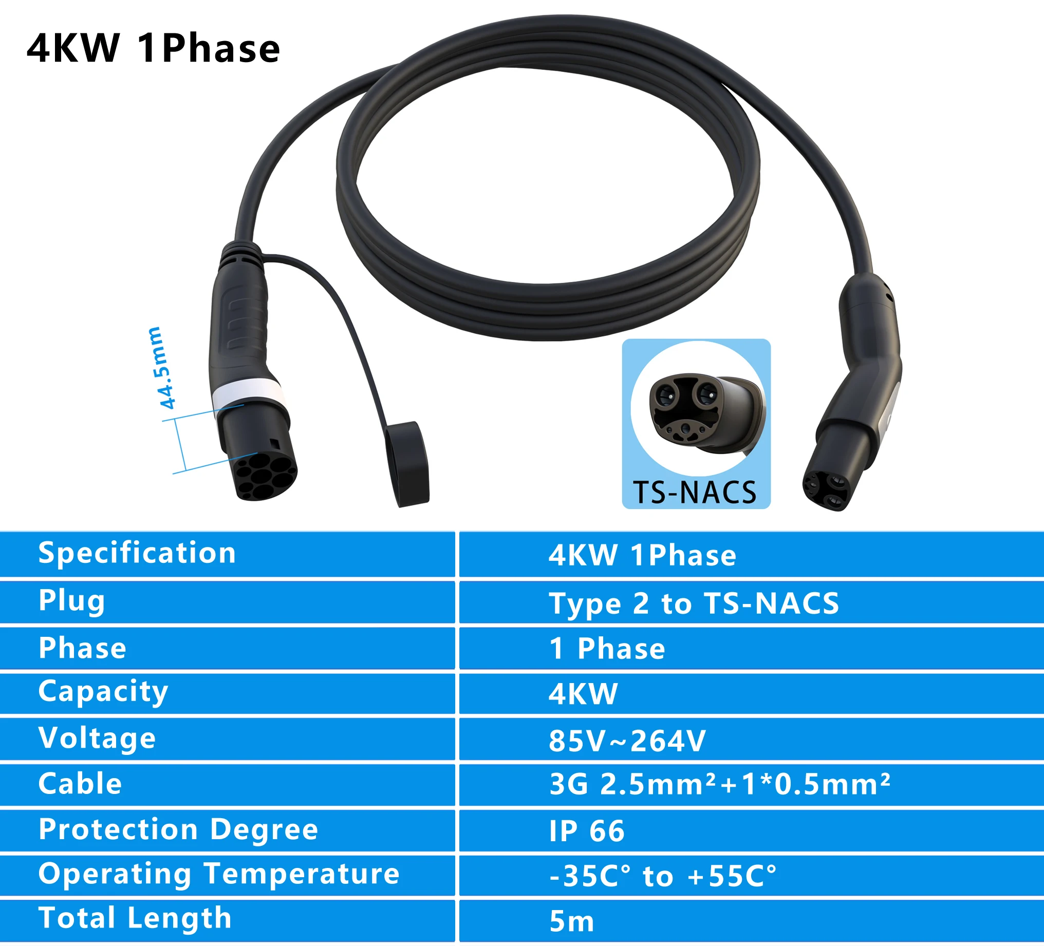 evsow TS-NACS EV Charging Cable Type2 To  TS-NACS Charger 12KW50A 1P Electric Car Charger For TS-NACS Model Y3 S X Charger 5m