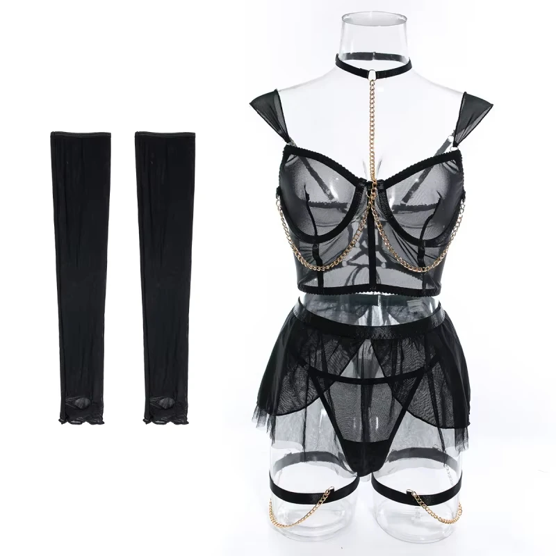 Cute and alluring bikini lingerie, swimsuit with chain halter neck, gloves, and tulle skirt set