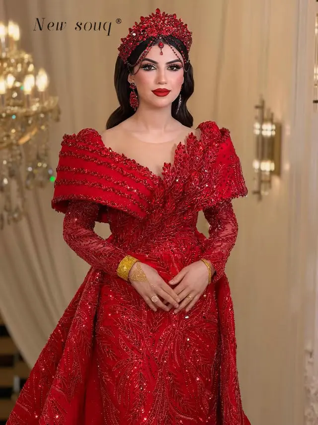 

Элегантные красные вечерние платья с длинными рукавами, арабские свадебные платья для вечеринок с накидкой, индивидуальный пошив, расшитые бисером и пайетками, роскошные выпускные платья