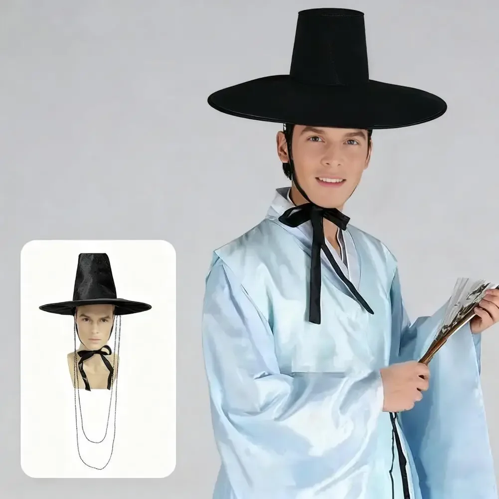Sombrero de ala ancha para hombre, sombrero tradicional coreano de la dinastía Ming, sombrero plano para hombre, protección Uv de ala ancha, gorra negra puesta en escena