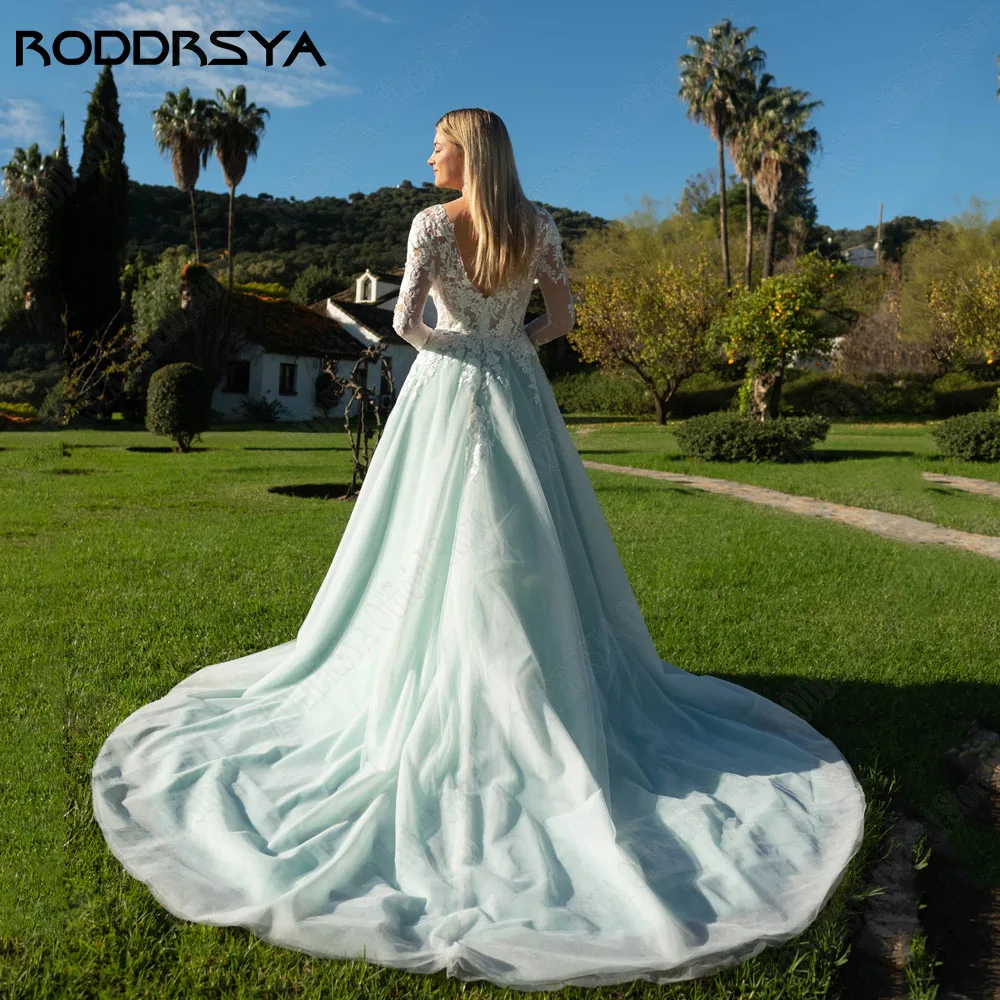 RODRSYA Luxo Renda Vestido de Casamento Vestidos Mangas Longas Decote ColheRODDRSYA Luxo Lace Vestido De Noiva Vestidos Mangas Compridas Scoop Neck Backless A-Line Applique Vestido De Noiva Custom Made Vestido De Noiva