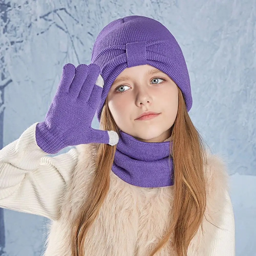 

3Pcs/Set Solid Color Knitted Hats Warm Thicken Knitted Children Hat Scarfs Gloves Set Pompom Windproof Winter Beanie Gift Set
