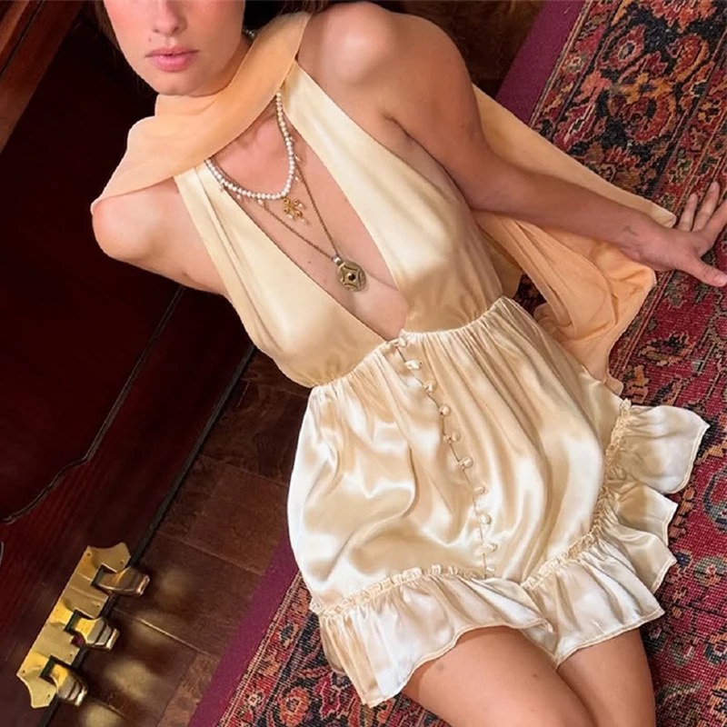 Ticketsx-vestido de satén con escote en V profundo para mujer, minivestido Sexy con cordones y cuello Halter, sin mangas y espalda descubierta, vestido ajustado para fiesta de noche y Club