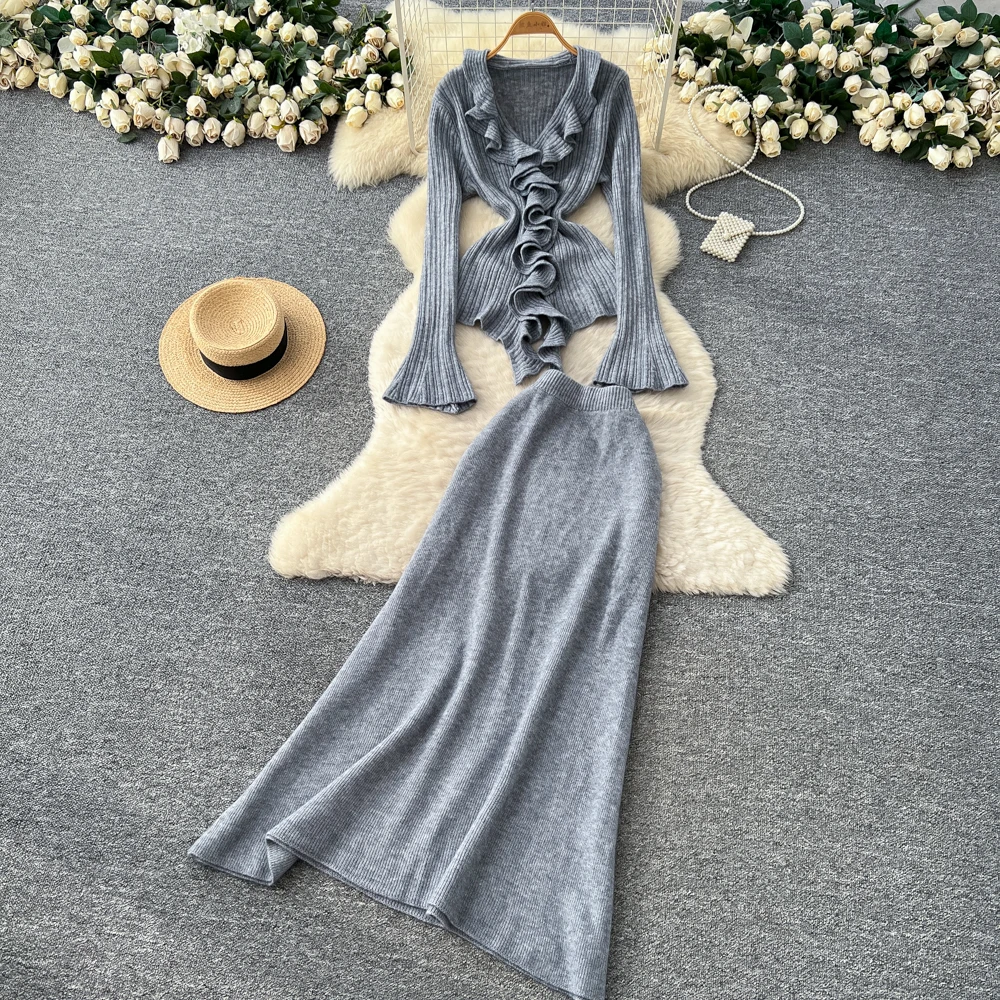 

Sexy vintage Elegant Knit ruffle V-neck Women Party korean fashion fairycore dresses Two piece set