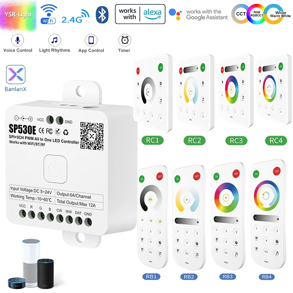 

Wifi BT Led Controller SP530E SPI+RF ALL-in-1 5CH PWM 5050 RGB RGBW RGBCCT WS2811 COB PWM Remote Control For Alexa Google Home