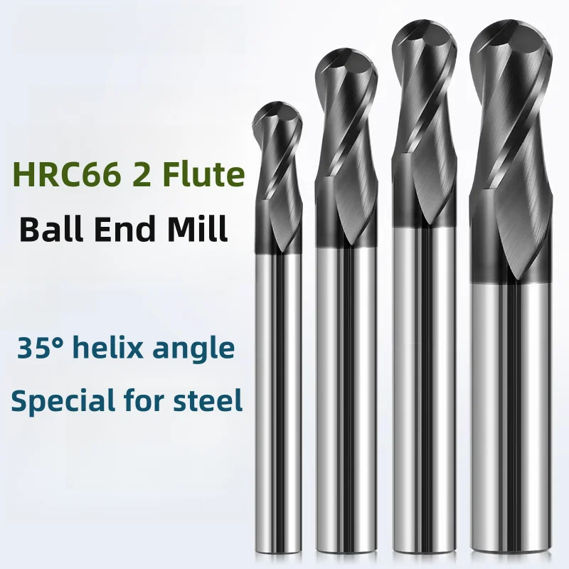 

HRC66 2 Flute Ball End Mill Tungsten Carbide Black Nano Coating Milling Cutter CNC Router Bits R4x16x8x60 R0.5x2x4x50