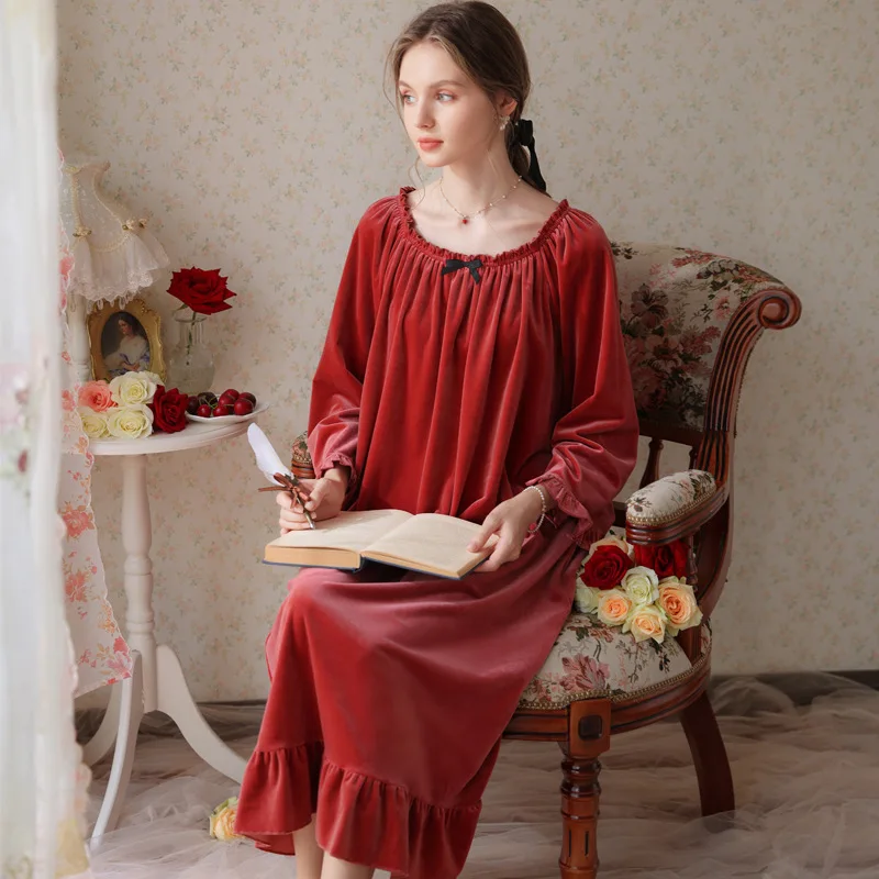 Autumn Velvet Womens Princess Night Dress French Sleepshirts Vintage Lady Girls Nightgowns Nightdress Royal Style Sleepwear