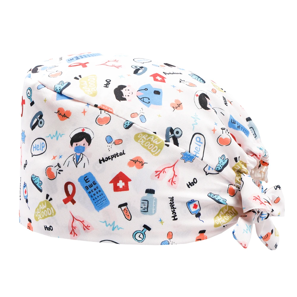 만화 프린트 치과 의사 스크럽 캡 여성용 의료용 스크럽 모자 수술 모자 유니섹스 수술실 모자 병원 의사 간호사 캡