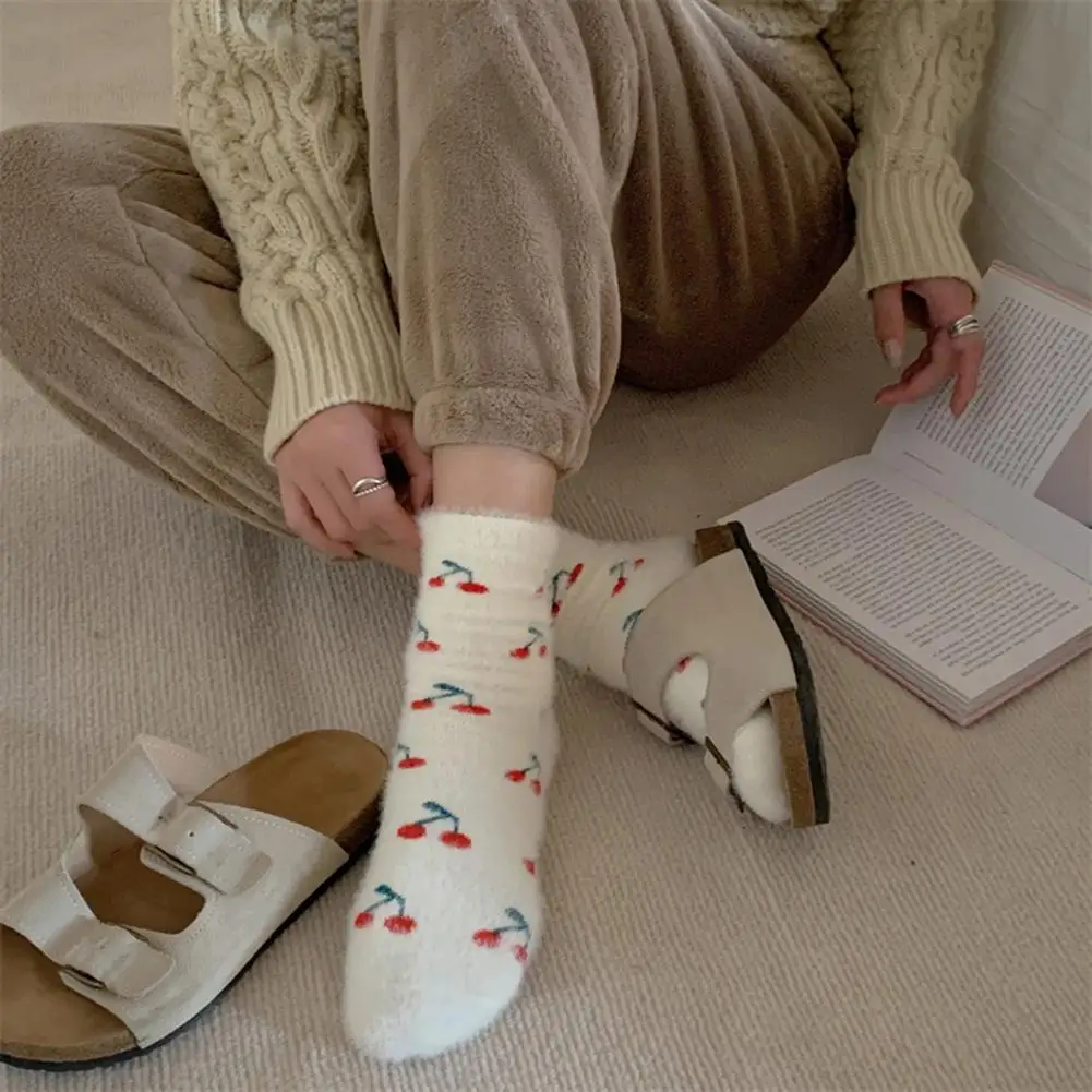 1 Pair Autumn Winter Women Socks Plush Socks Thickened Imitation Mink Velvet Cartoon Rabbit Cherry Fruit Plush Socks