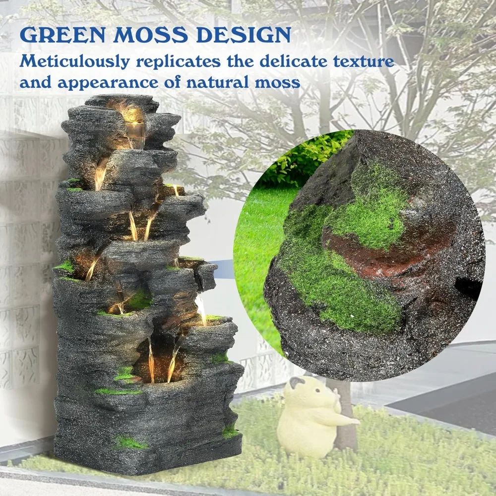 نافورة مياه صخرية متتالية من 10 طبقات شلال حديقة خارجي مع أضواء، نافورة ديكور داخلي للحديقة #4