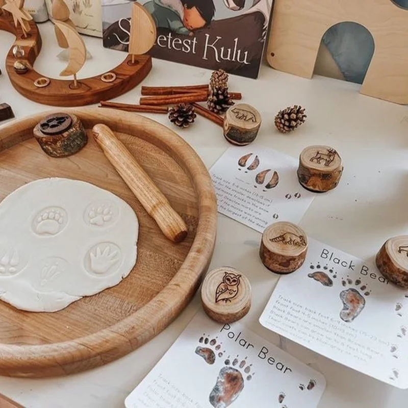 Paquet de 9 pistes d'animaux en bois, timbres Playdoh, imprimés d'animaux