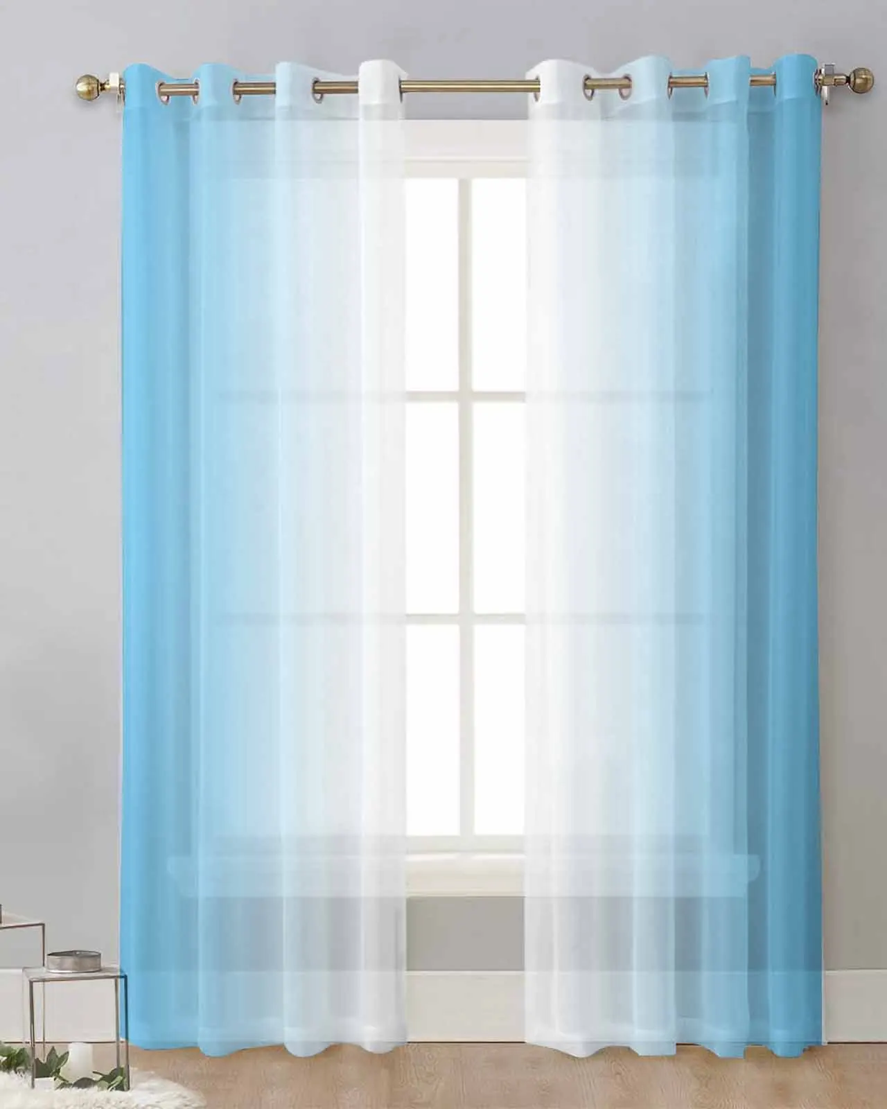 Sky Blue And White Gradient Minimalist Sheer Curtains For Living Room Window Transparent Voile Tulle Cortinas Drapes Home Decor