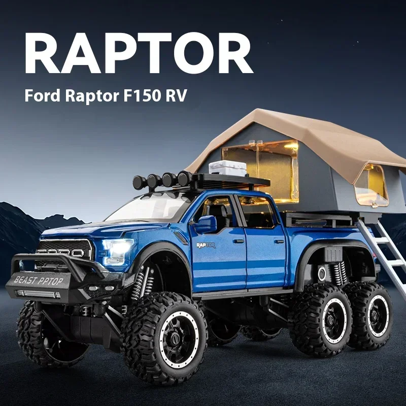 

1:24 Ford Raptor F150 Camping RV Off Road Pickup Truck Alloy Metal Diecast Model Car Sound & Light Series Toys Gifts For Kids