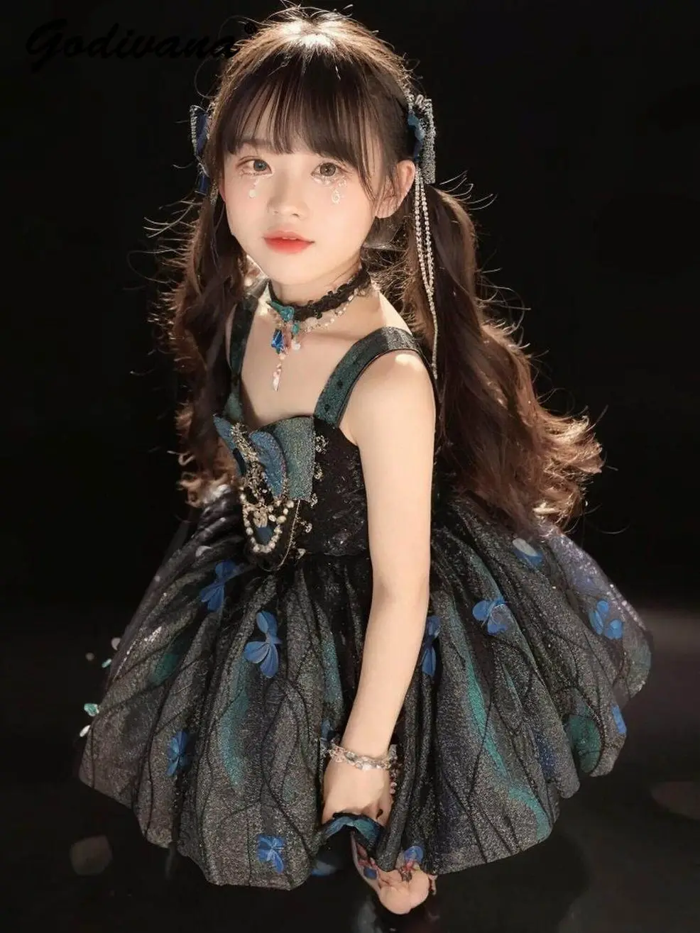 Sweet Baby Girls High End Heavy Spring and Summer Princess Lolita Little Black Dress Kids Luxury Sequin Birthday Party Tutu Gown