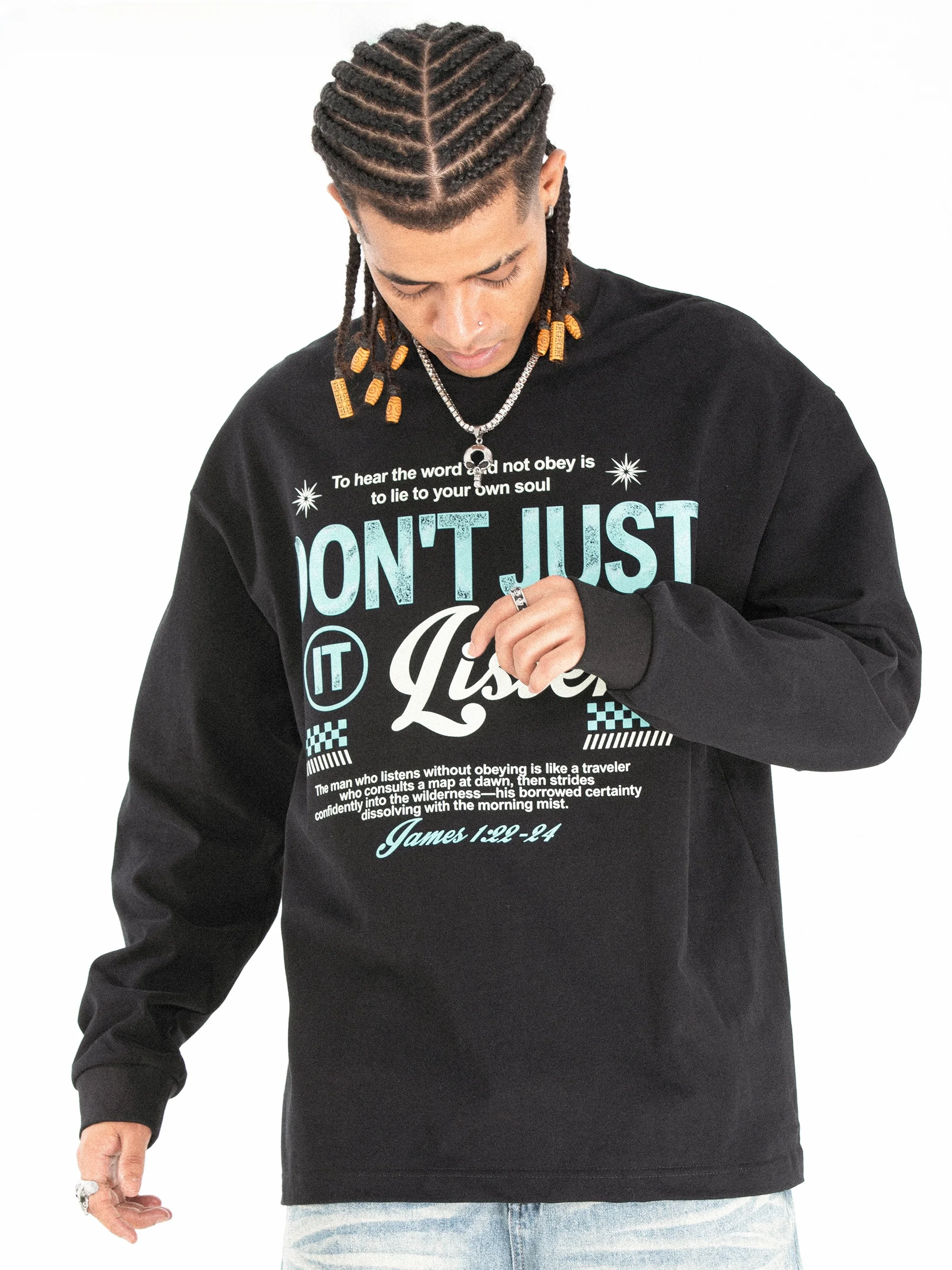 American Style Street Loose Letter Print Heavy Pure Cotton 320g Small Collar Long Sleeve T-Shirt Men Autumn Season Fashionabl...