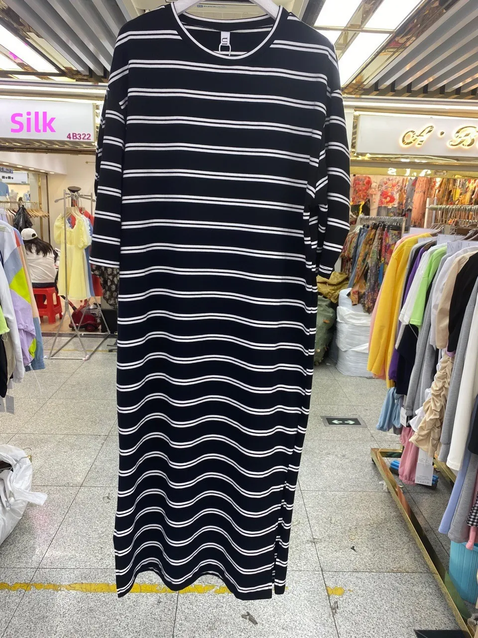 Chic rayé T-shirt Dr femme ample rond Ne Bubble Sve longue coupe droite fente latérale a-ligne été coton Dr