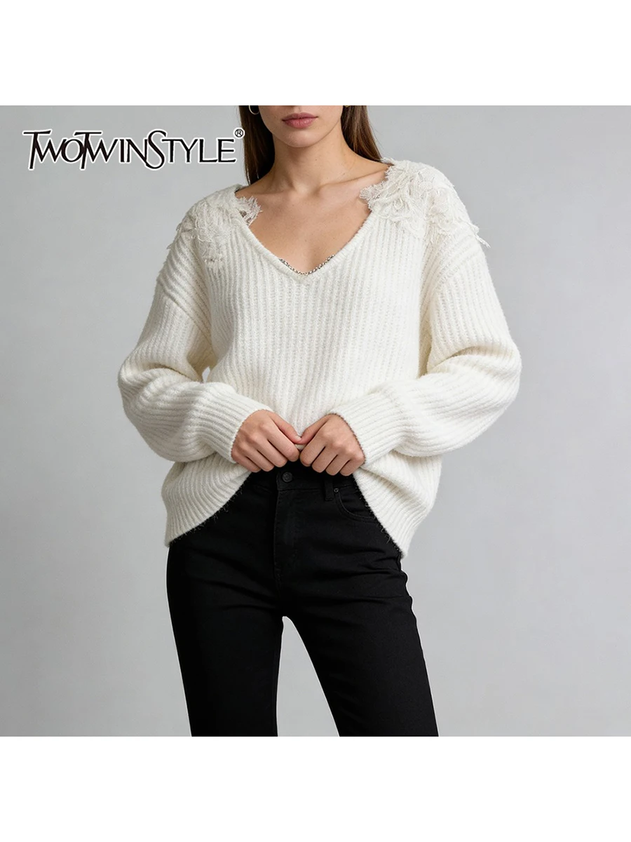 

TWOTWINSTYLE Solid Loose Spliced Appliques Elegant Sweaters for Women V Neck Long Sleeves Minimalist Sweater Female Clothing New
