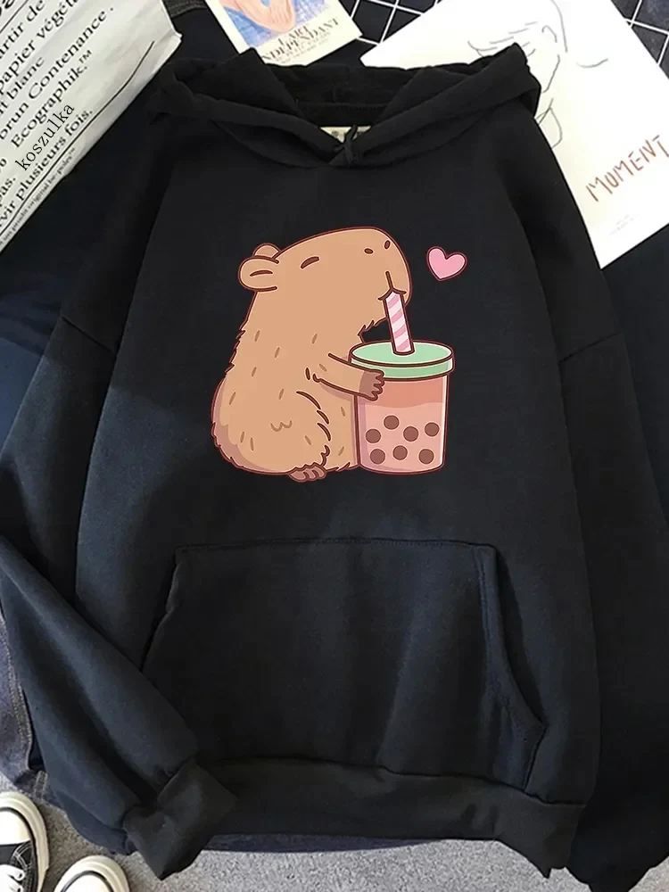 New In Hoodies 2024 New Kawaii Bubble Tea Capybara Printed Hooded Sweatshirt Fun Hooded Sportswear Harajuku Women\'s Clothing