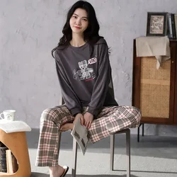 Plus Size Women's Pajamas Cartoon Bear Long Sleeve Student Loungewear Plaid Trousers Cute Girl Sleepwear Homewear 2PCS/Set