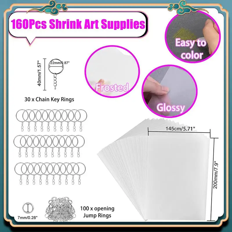 (Nuevo)-160 Uds. Kit de hojas de plástico retráctil, hojas de papel retráctil de 7,9X5,7 pulgadas y llaveros, accesorios para manualidades DIY para niños