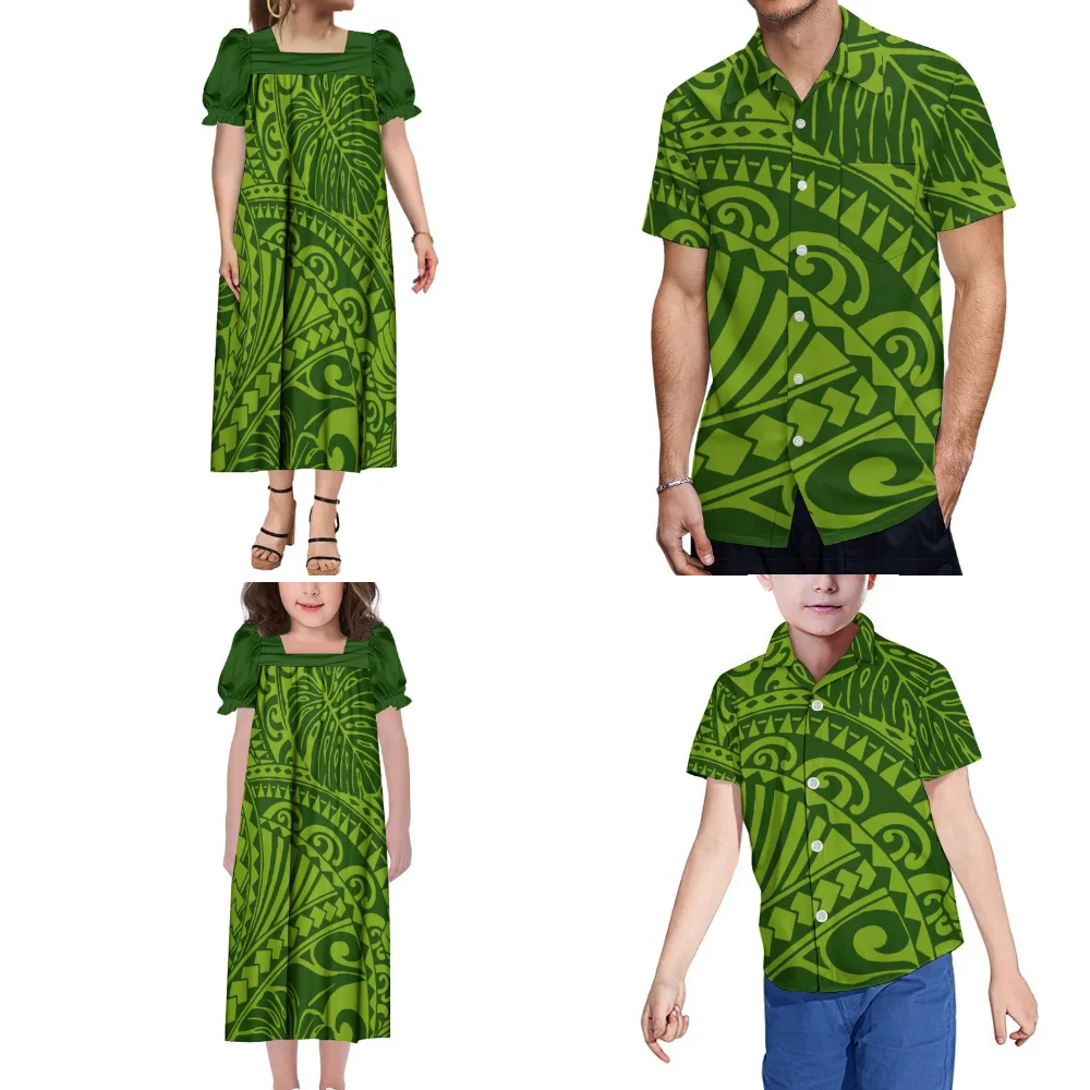 2024 New Family Party Wear Microsia Custom Polynesian Party Wear Women Girls Dress New Mumu Men Boys Casual Shirt