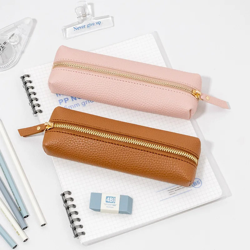 Lychee Leather Pencil Case PU Leather Zipper Pen Bag Colorful Student Storage Pouch Stationery Holder School Office Supplies