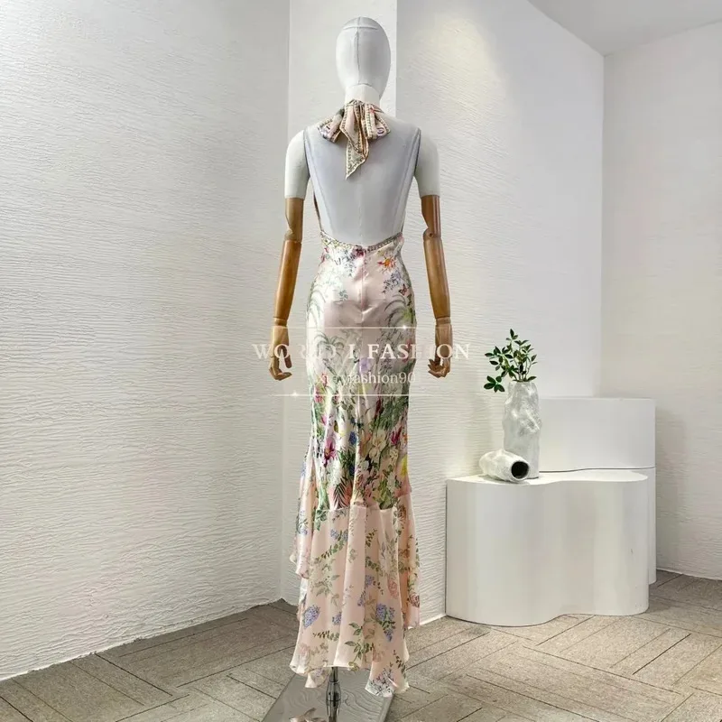 Vestido midi con dobladillo irregular y espalda descubierta con cuello en V profundo Seda sin mangas con estampado floral rosa de alta calidad