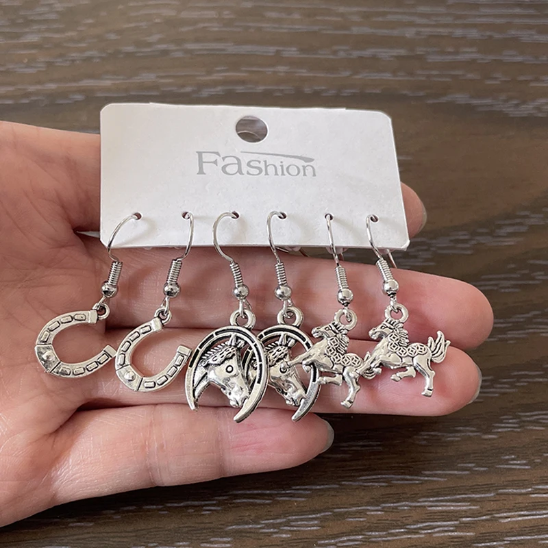 3Prs Drop Earrings Good Luck Horse Horseshoe Earrings Set For Women Friends Cowgirl Gifts Brincos Pendientes Cерьги