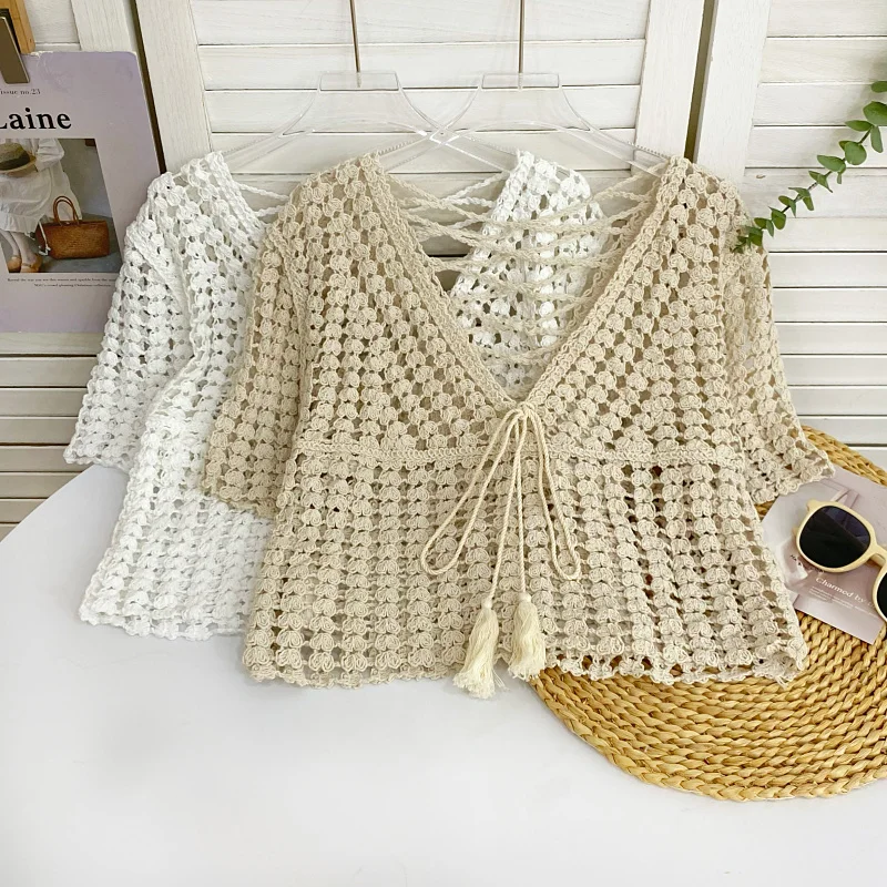 

Vaion Sle Hollow out Knitwear Women's V-Ne ort Sve Top Summer 2025 Commute Faion Korean Version Regular Fit