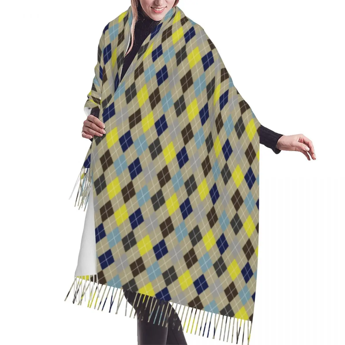 

Stylish Blue Argyle Pattern Tassel Scarf Women Winter Warm Shawls Wraps Ladies Scarves