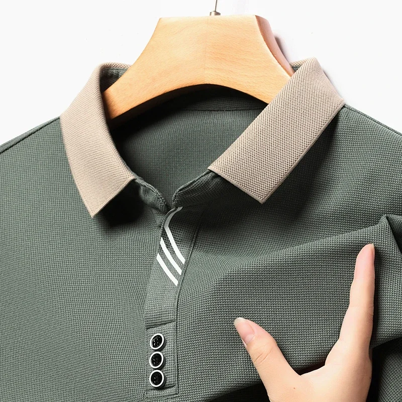 Neues Herren-Business-Casual-Langarmshirt, einfarbiges Poloshirt, modisches, atmungsaktives, bequemes, vielseitiges Top