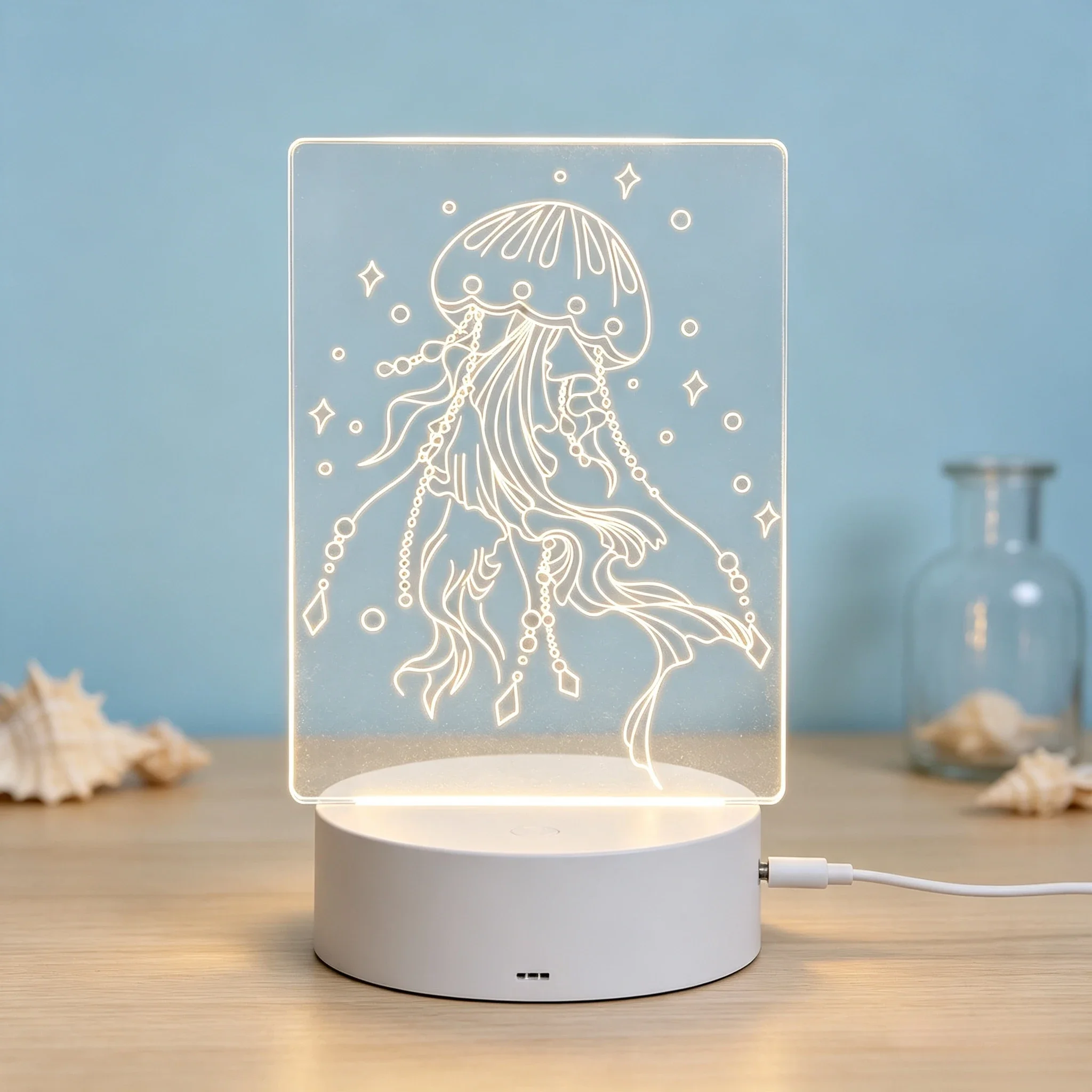 Dreamy Jellyfish Line Art Acrylic 3D LED Night Light,Cute Starry Jellyfish LED Acrylic Ambient Night Light