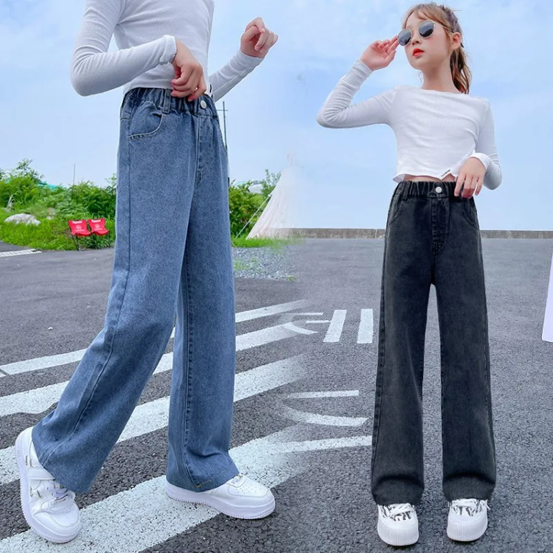 Teenage Girls Jeans 2024 Spring Autumn Casual Fashion Loose Blue Kids Leg Wide Pants School Children Trousers 6 8 10 12 Year