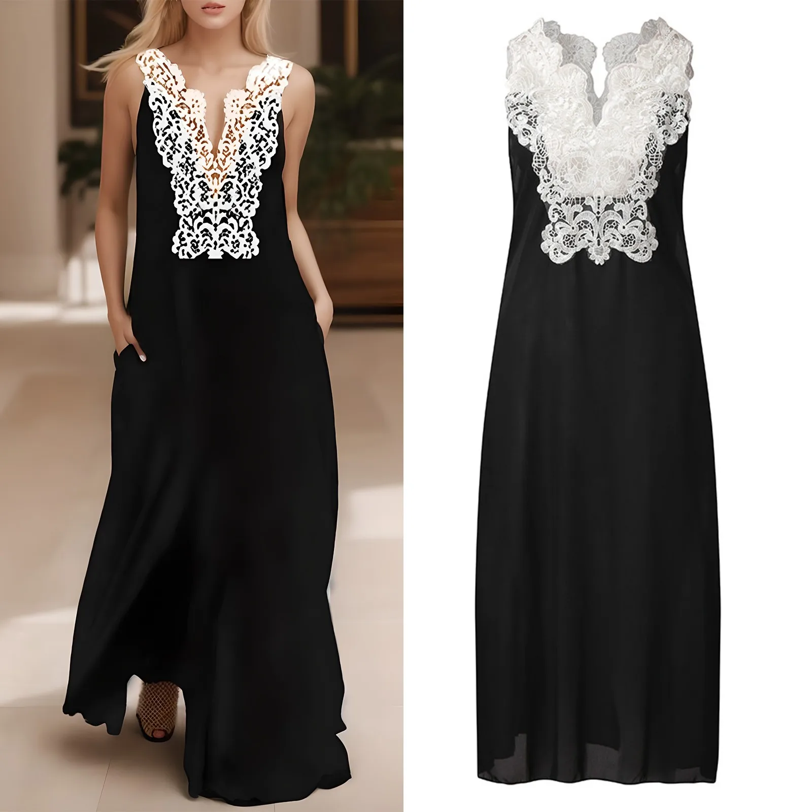 

Splicing V Summer Lace Embroidered Mesh Casual Vintage Dress Sleeveless Daily Hollow Women'S Dress Evening Gown Vestidos