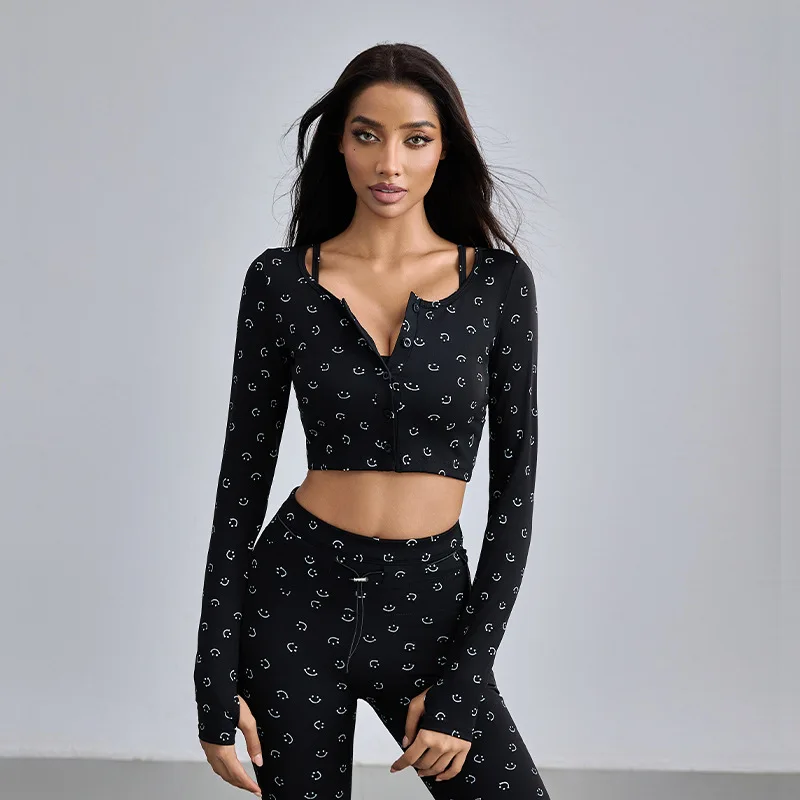 

Женский эластичный дышащий костюм для фитнеса с принтом и длинными рукавами, спортивный топ для йоги, осенний стиль Южной Кореи CX3382