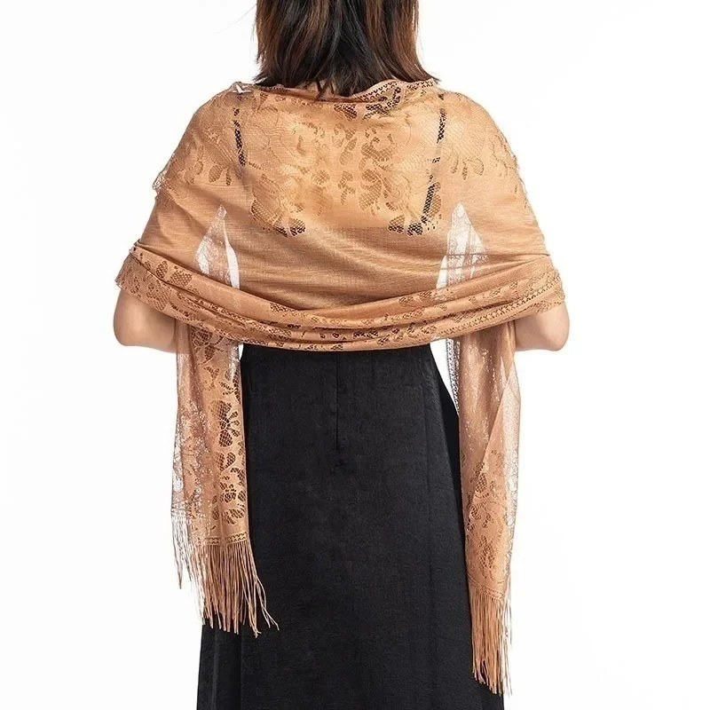 Women Solid Party Evening Lace Shawl Scarf Elegant Lace Sheer Hollow Tassel Scarves Wraps Foulard Femme Mesh Yarn Wedding Shawl