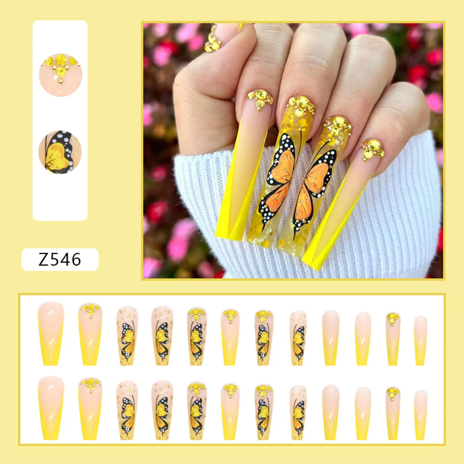 Long Luxurious Butterfly Fake Nails French Style Fake Nail with Sequins Glitter for Manicure Lover Daily Home DIY PR Sale