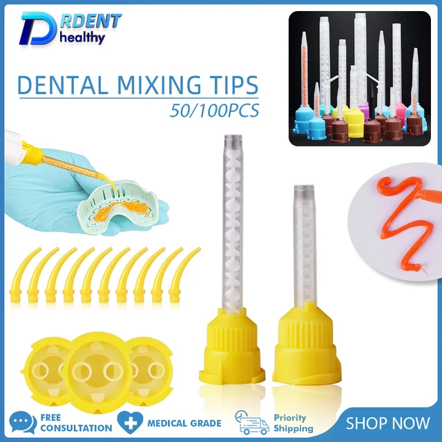 50/100 szt. Końcówki do mieszania dentystycznego Jednorazowe miksery Żółte 1:1 Żółte końcówki do mieszania Jednorazowe Bozzles stomatologiczne Rurka mieszająca