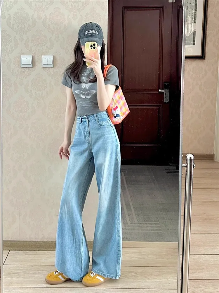 

Light Blue Straight Leg Jeans Women's Summer Thin High Waist Extended Loose Slimming Wide Leg Floor-Length Pants