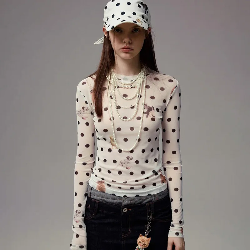 동물 무늬 프린트 가을 겨울 여성 티셔츠 캐주얼 긴팔 풀오버 셔츠 Y2K 스트리트웨어 O넥 크롭 티 탑 신상품